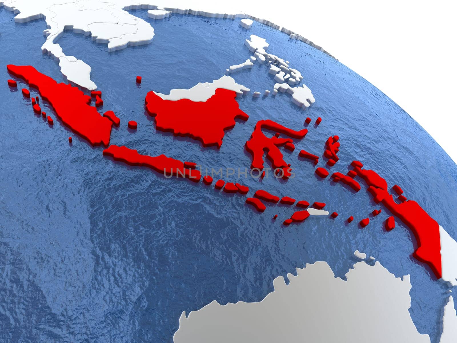 Map of Indonesia on globe with metallic land and realistic water. 3D illustration