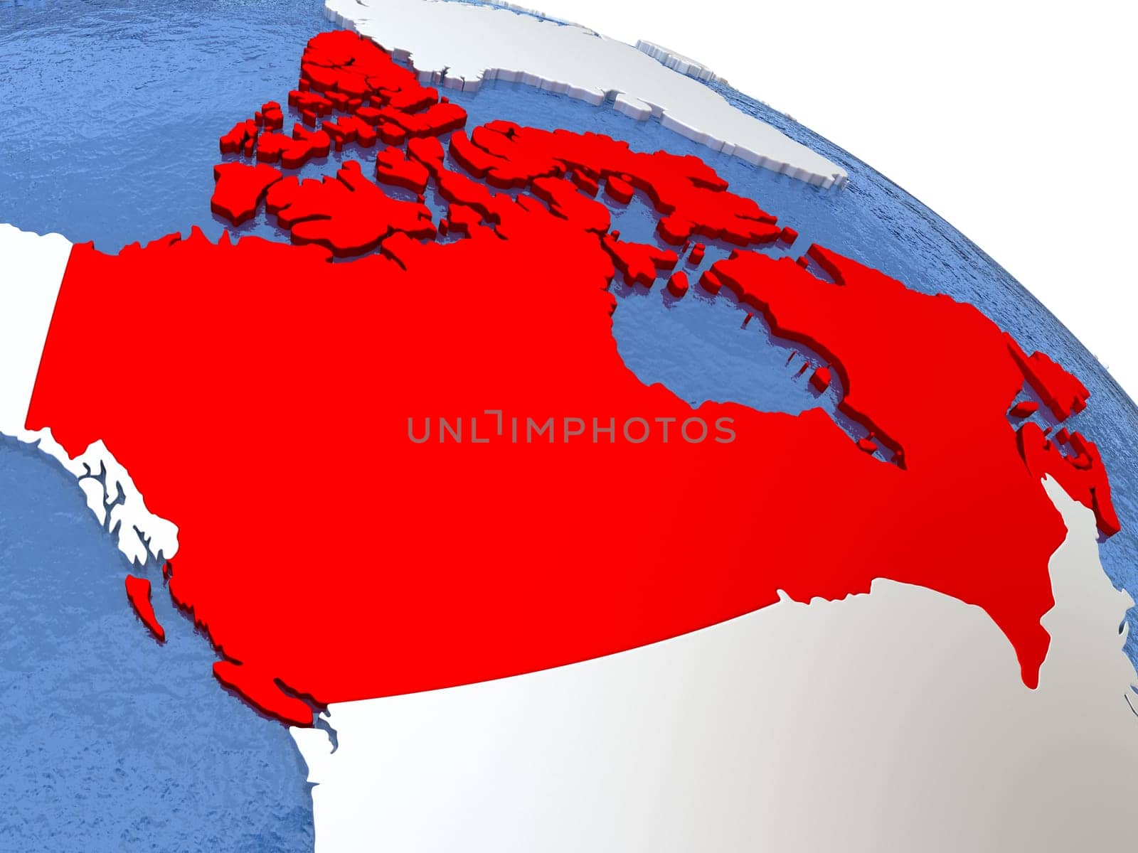 Map of Canada on globe with metallic land and realistic water. 3D illustration
