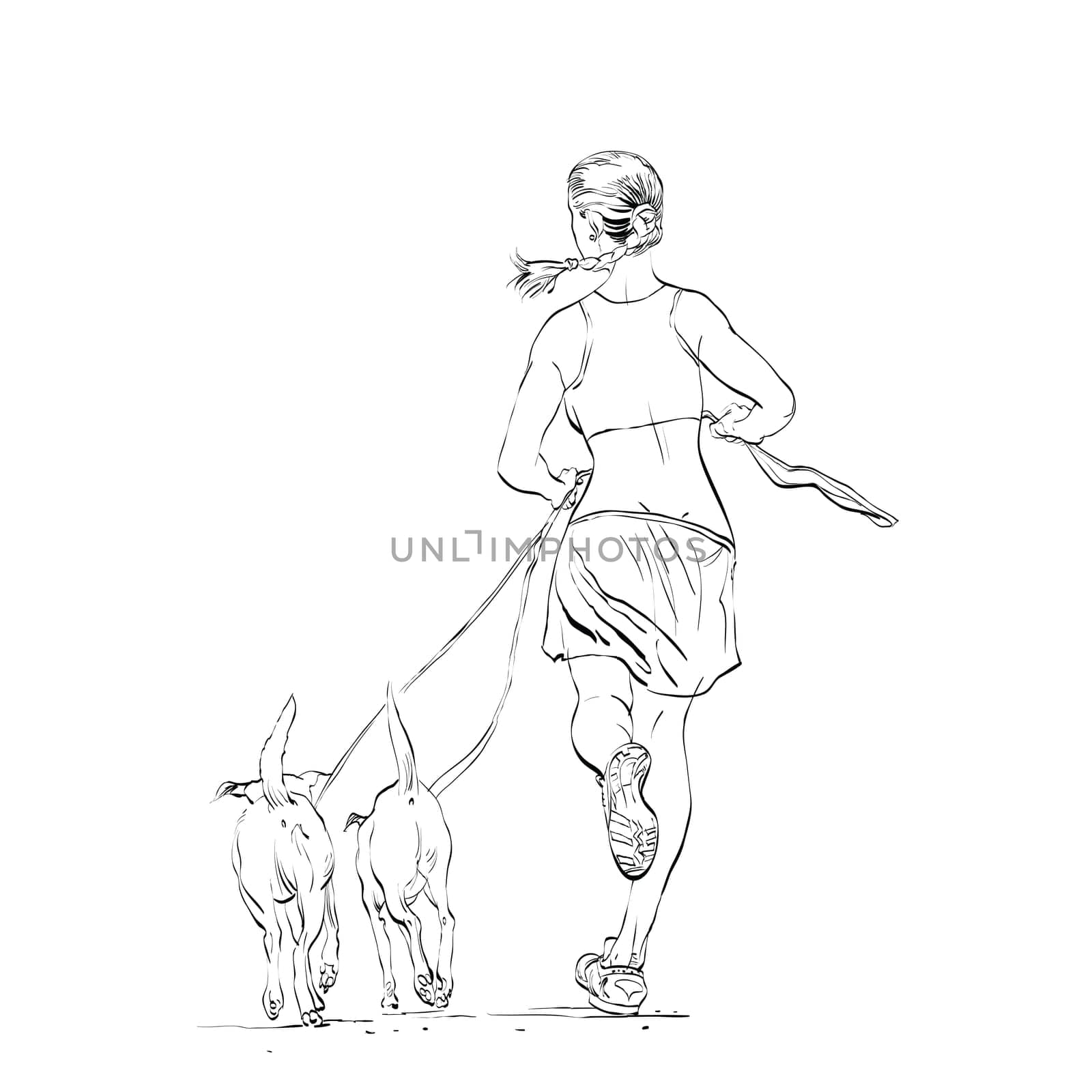 Sporty woman runner with dogs hands drawn vector illustration.