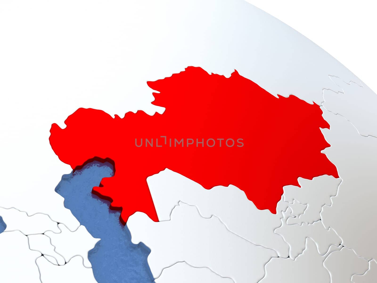 Map of Kazakhstan on globe with metallic land and realistic water. 3D illustration
