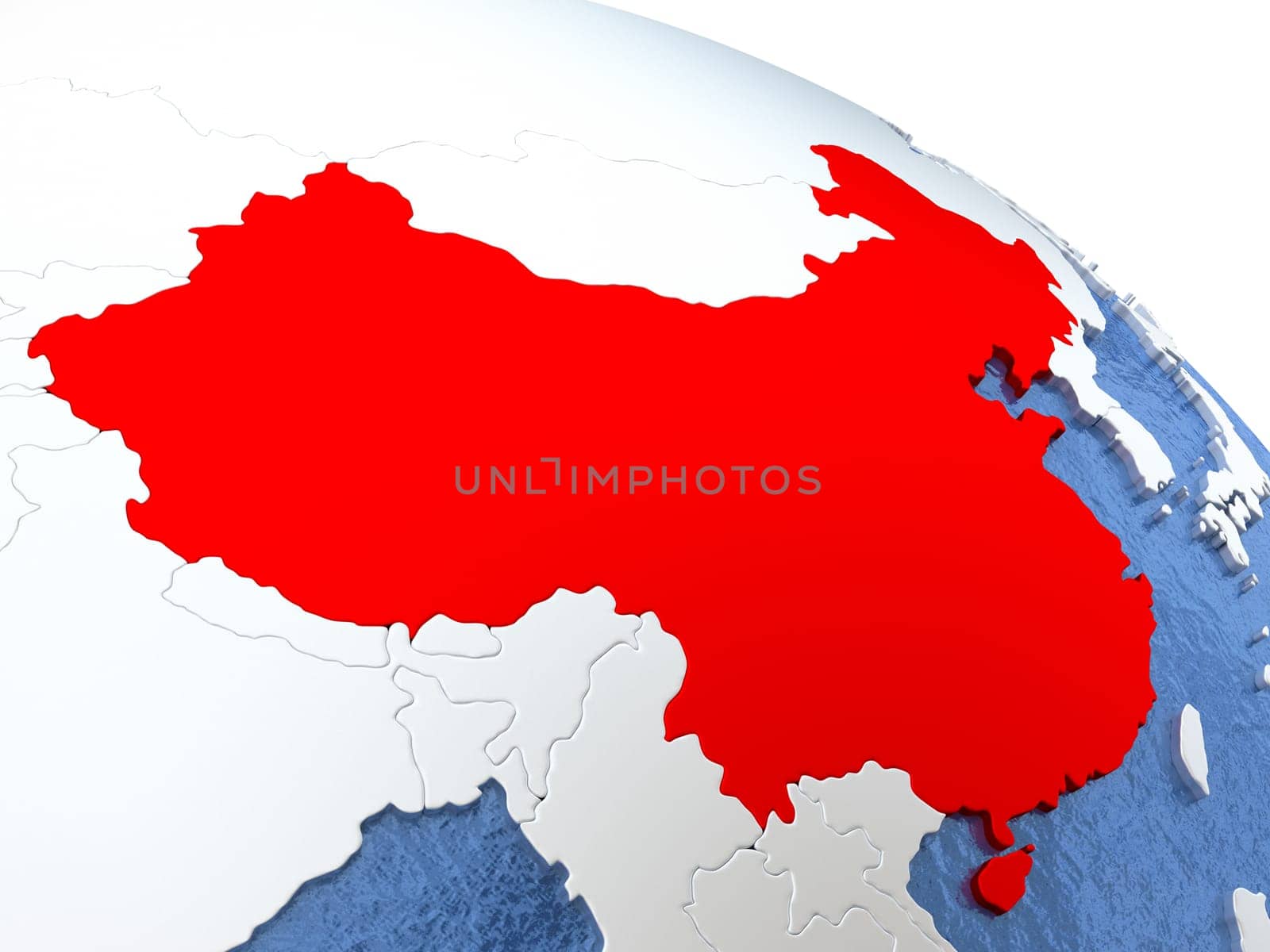 Map of China on globe with metallic land and realistic water. 3D illustration