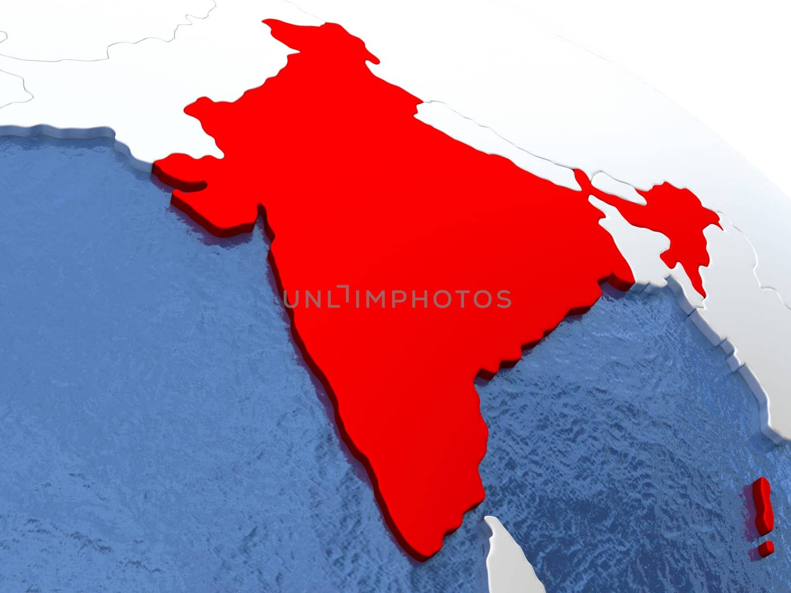 Map of India on globe with metallic land and realistic water. 3D illustration
