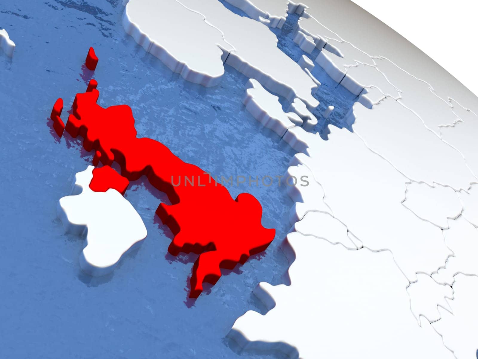 Map of United Kingdom on globe with metallic land and realistic water. 3D illustration