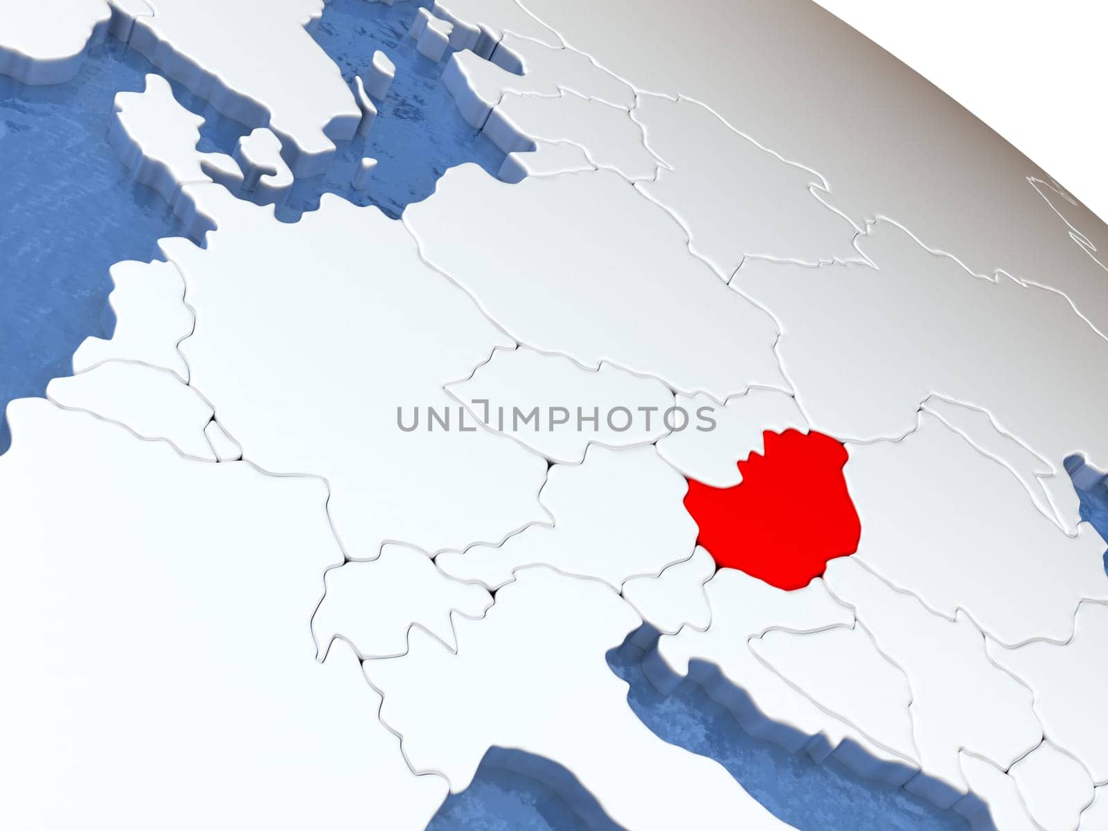 Map of Hungary on globe with metallic land and realistic water. 3D illustration