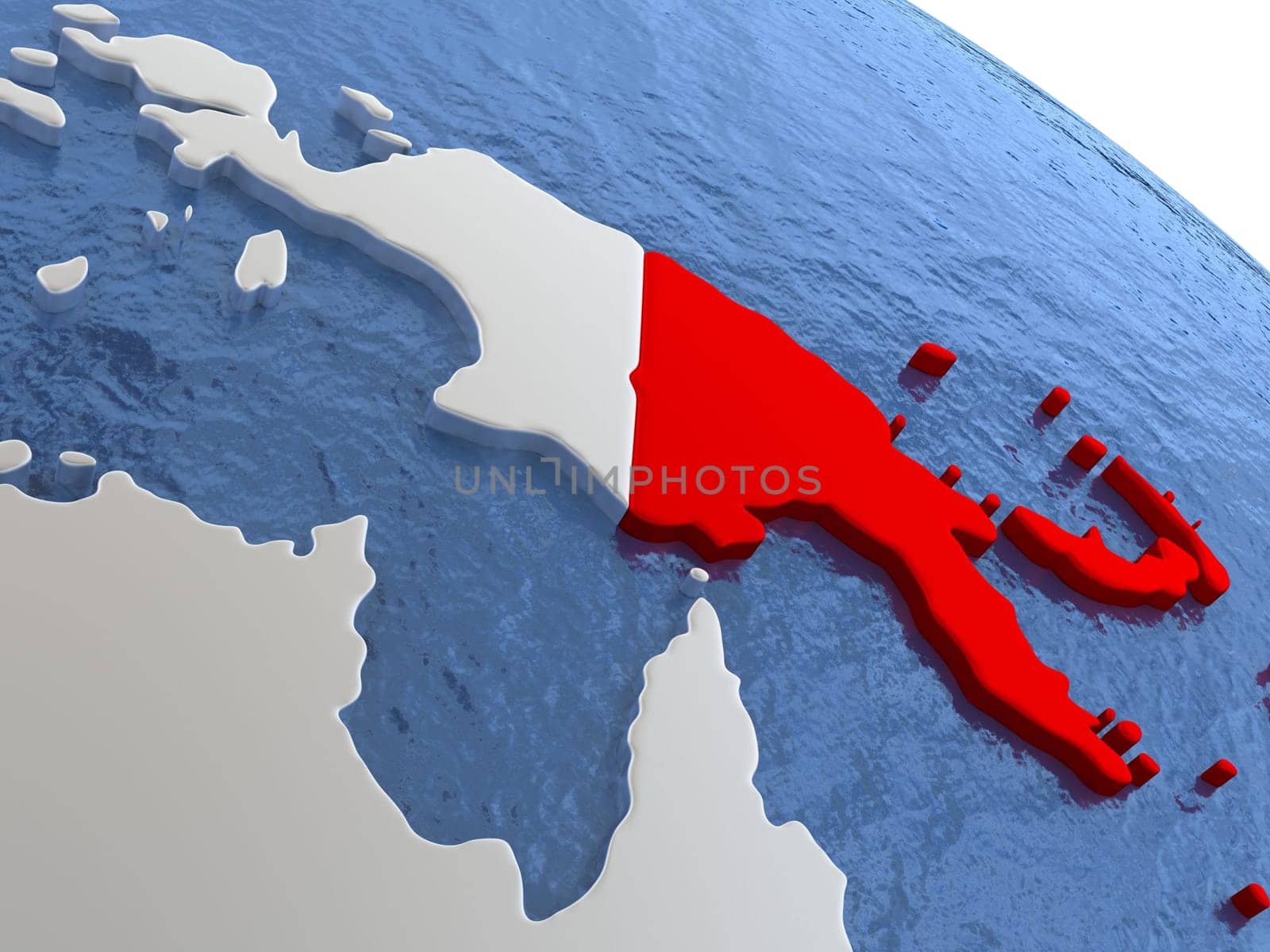 Map of Papua New Guinea on globe with metallic land and realistic water. 3D illustration