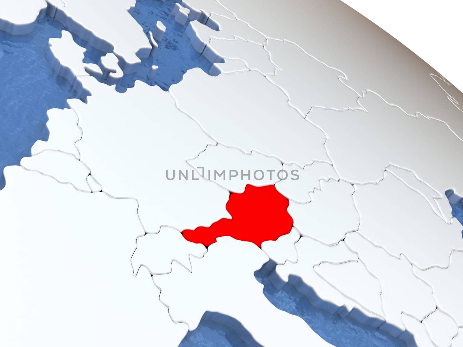 Map of Austria on globe with metallic land and realistic water. 3D illustration