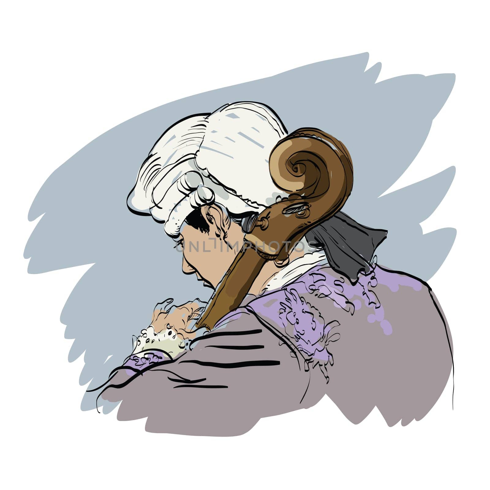 Musician cellist in a retro wig hands drawn vector illustration. Classical music. Musician of the Renaissance