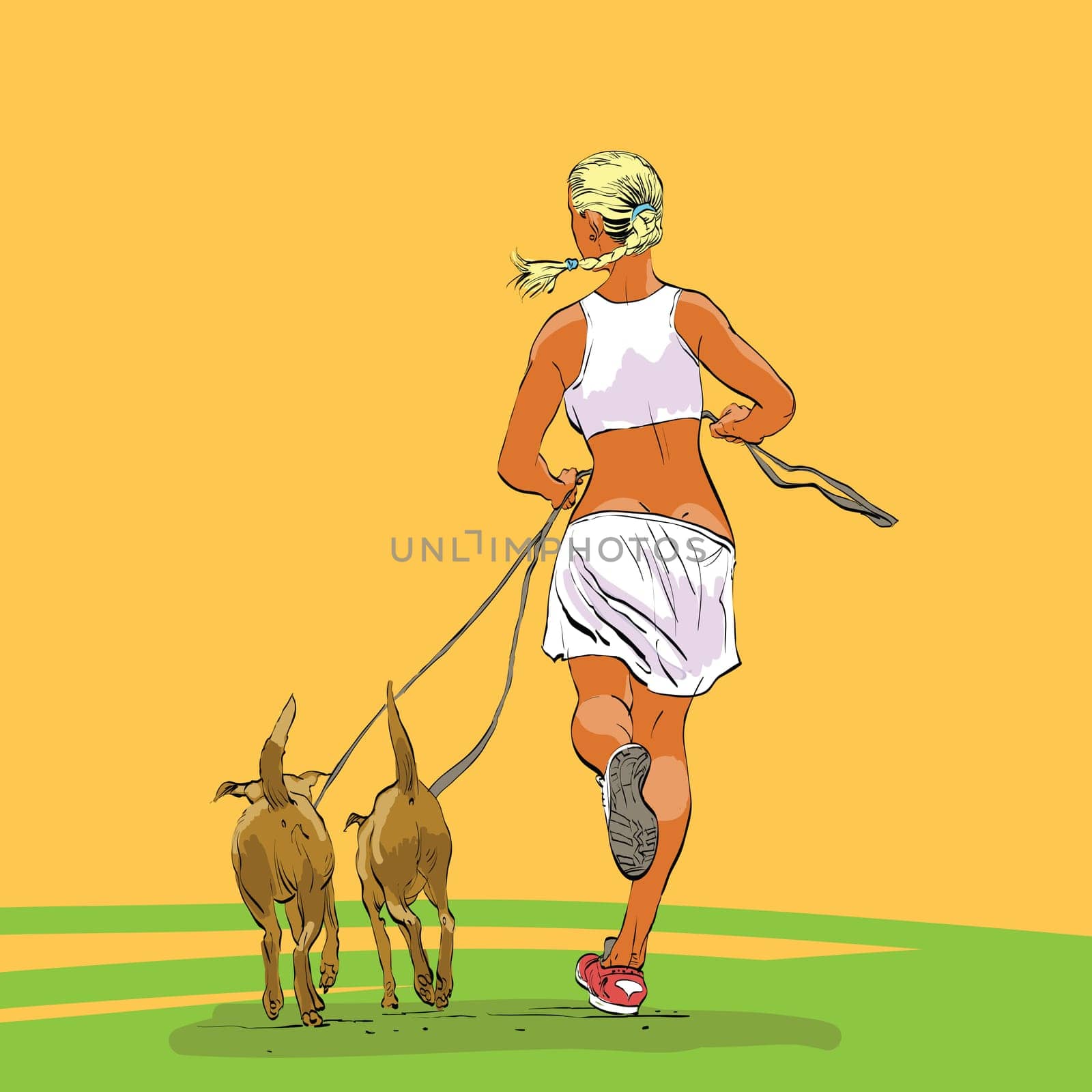 Sporty woman runner with dogs hands drawn vector illustration.