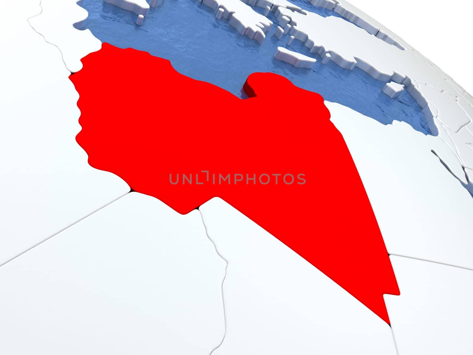 Map of Libya on globe with metallic land and realistic water. 3D illustration