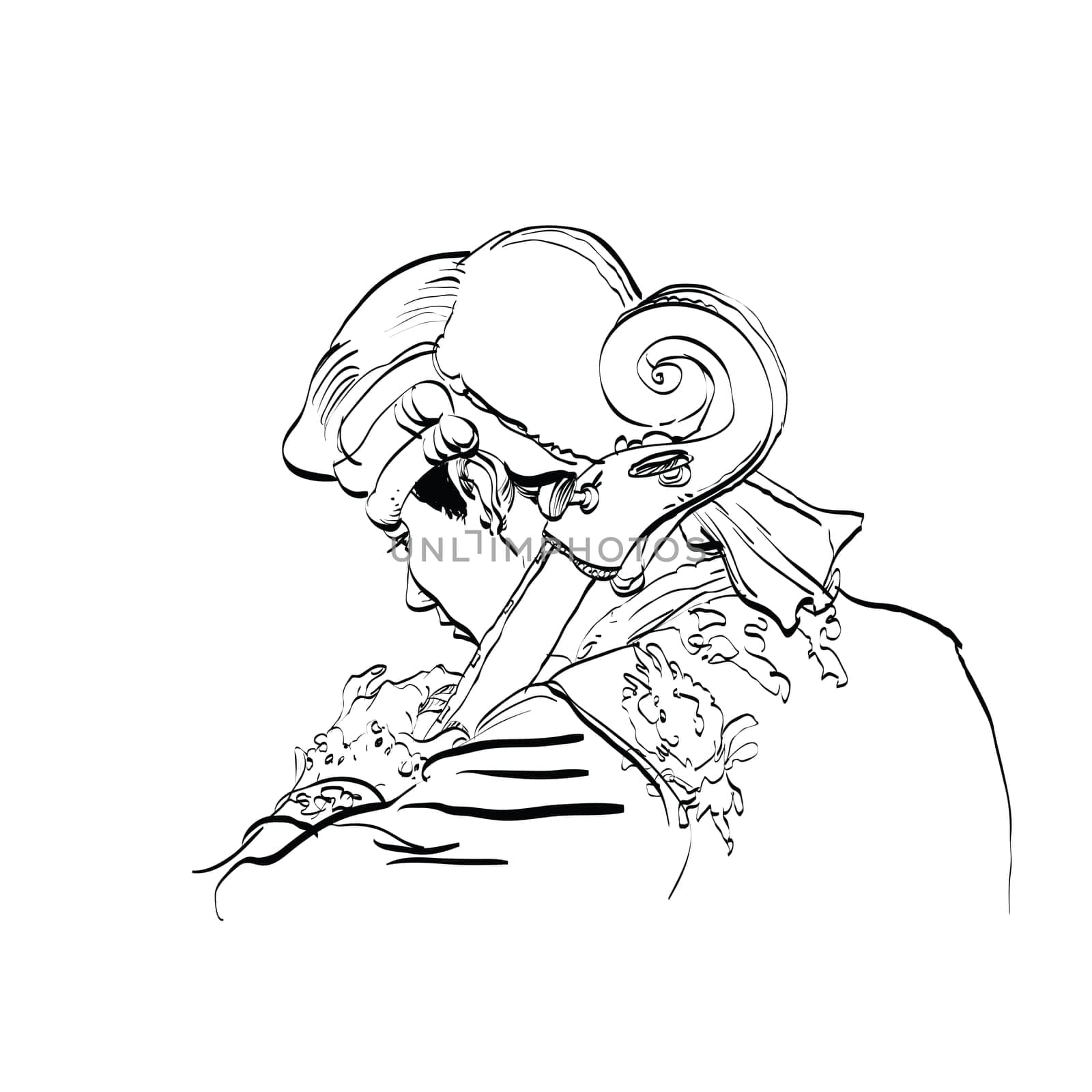 Musician cellist in a retro wig hands drawn vector illustration. Classical music. Musician of the Renaissance