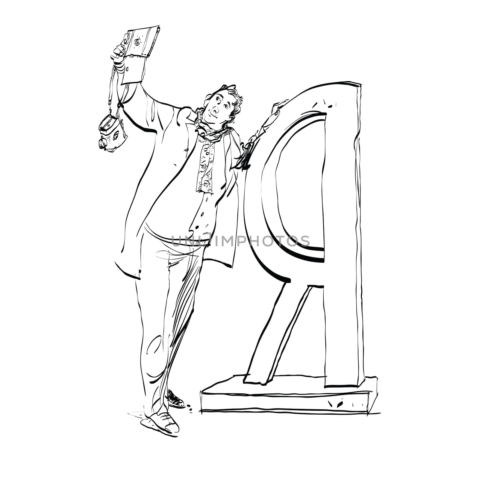 Selfie male photographed near the Russian letter I hands drawn vector illustration. Taking pictures of themselves