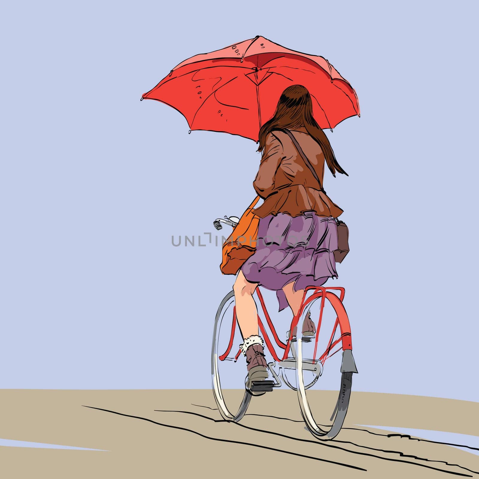 Girl on bike with umbrella autumn rain hands drawn vector illustration. Beautiful woman symbol of loneliness and sadness. A cyclist rides on the road