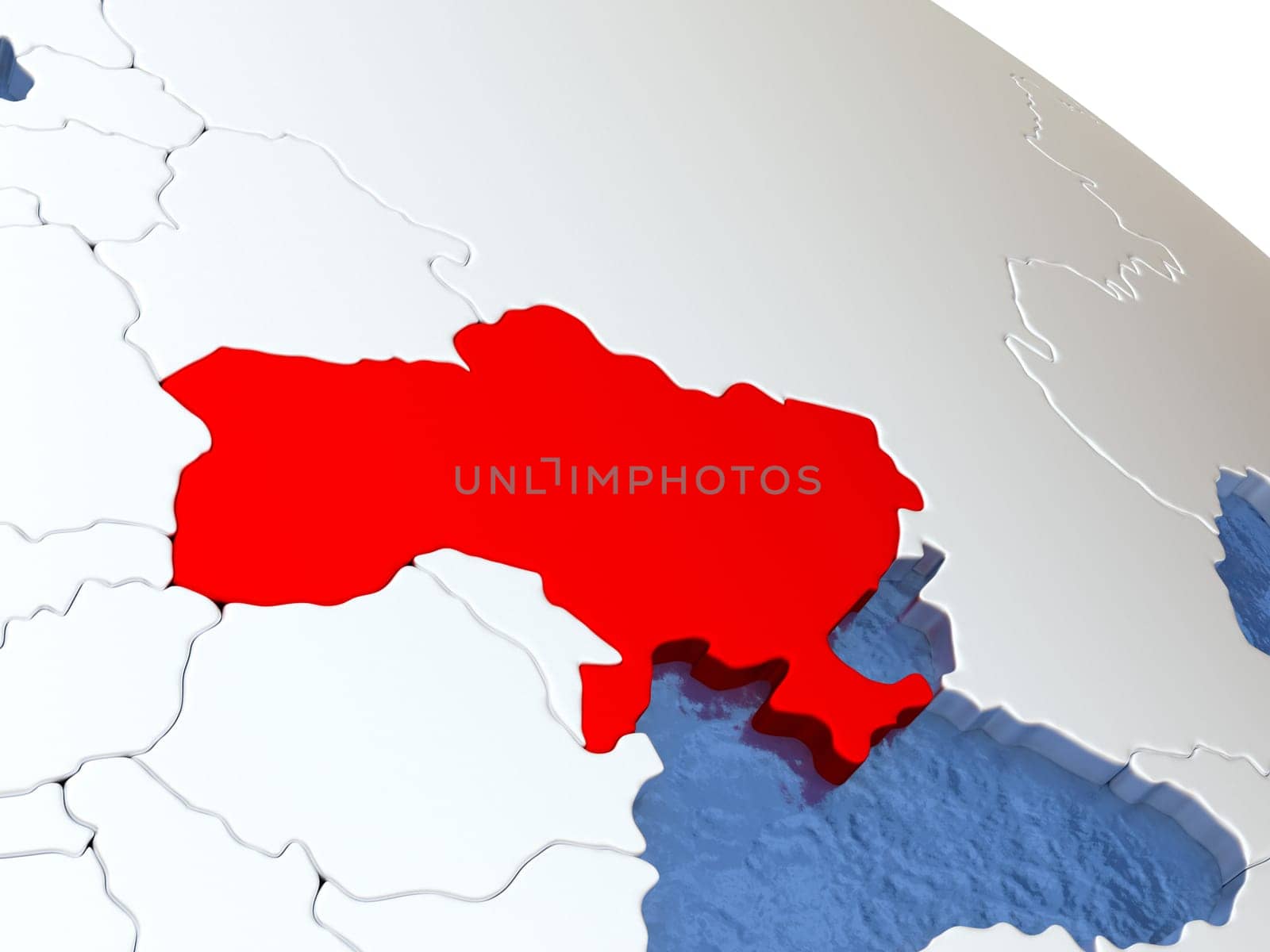 Map of Ukraine on globe with metallic land and realistic water. 3D illustration