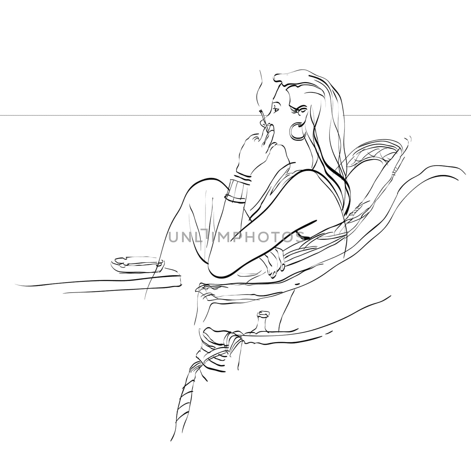 Lady smokes on the seafront hands drawn vector illustration. The rest of the sea