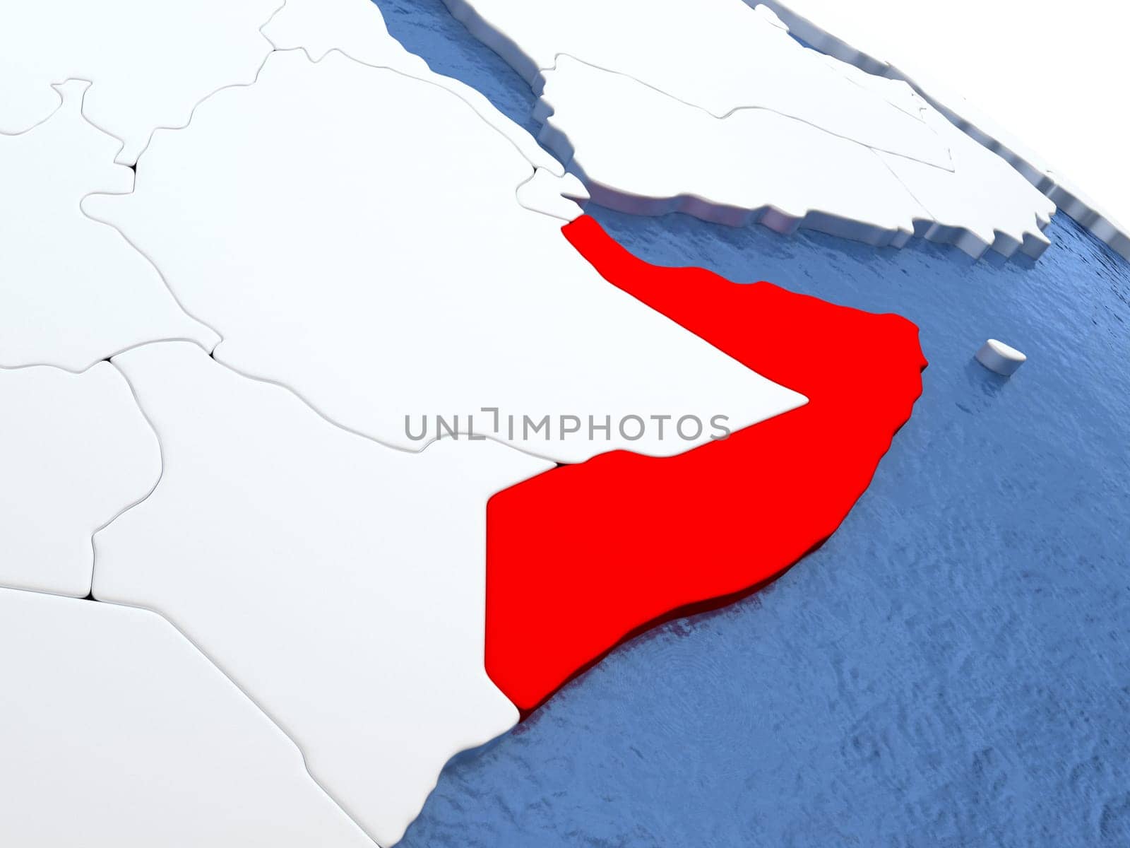 Map of Somalia on globe with metallic land and realistic water. 3D illustration