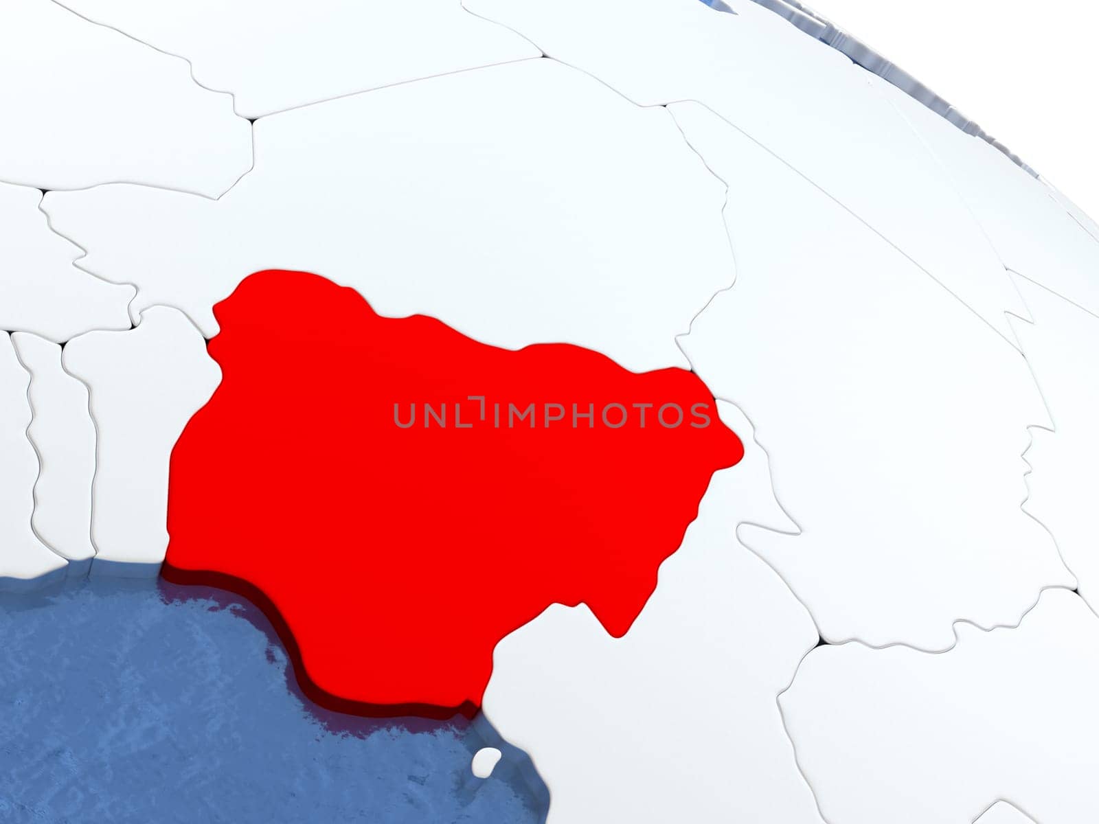 Map of Nigeria on globe with metallic land and realistic water. 3D illustration