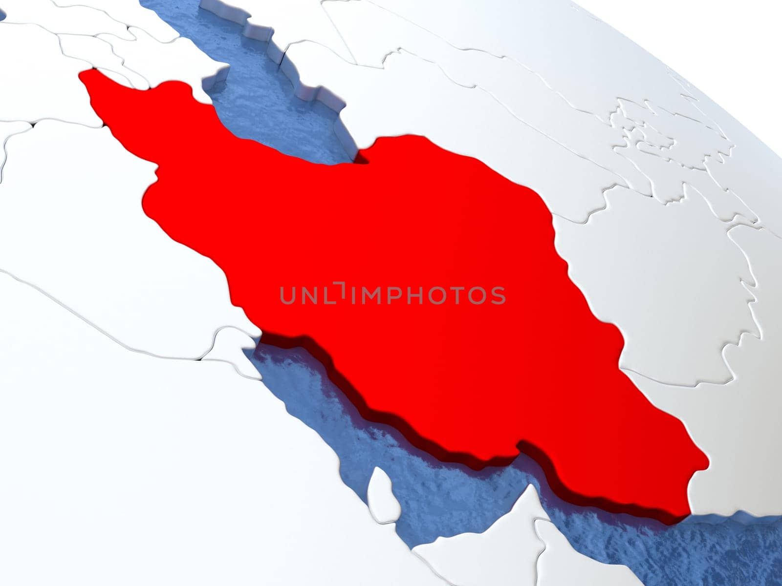 Map of Iran on globe with metallic land and realistic water. 3D illustration