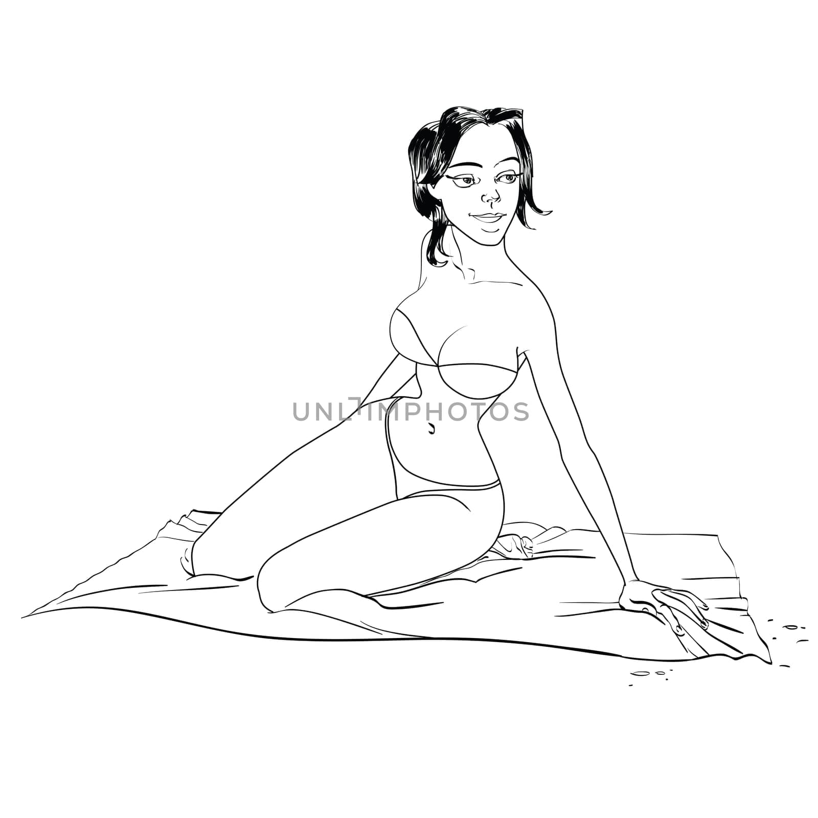 Beautiful girl on beach in bikini hand drawing illustration comic. A woman sunbathes by the sea. African-American or latina, brunette.
