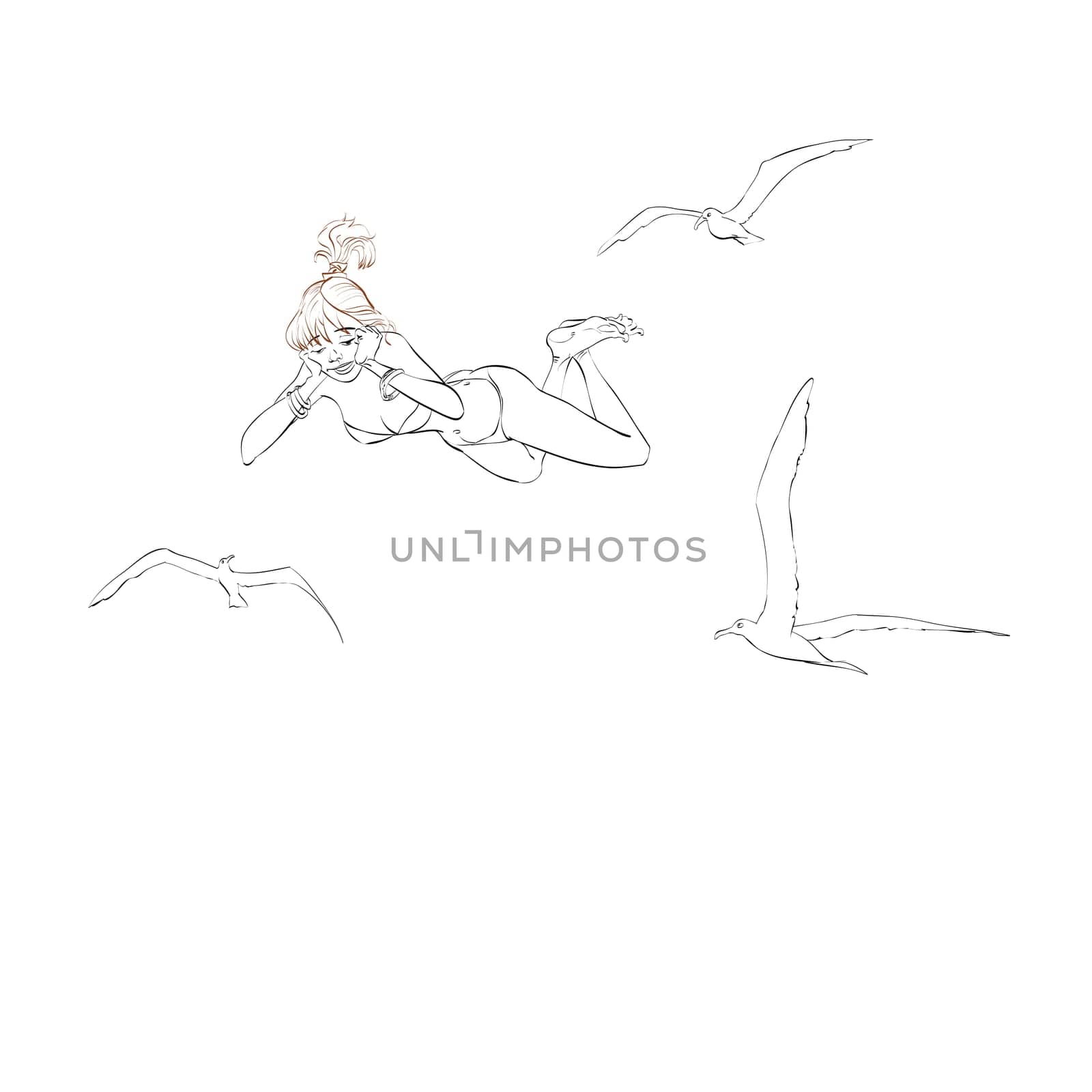 Young woman in swimsuit soars with seagulls, line art vector illustration. The rest of the sea. Dream vacation