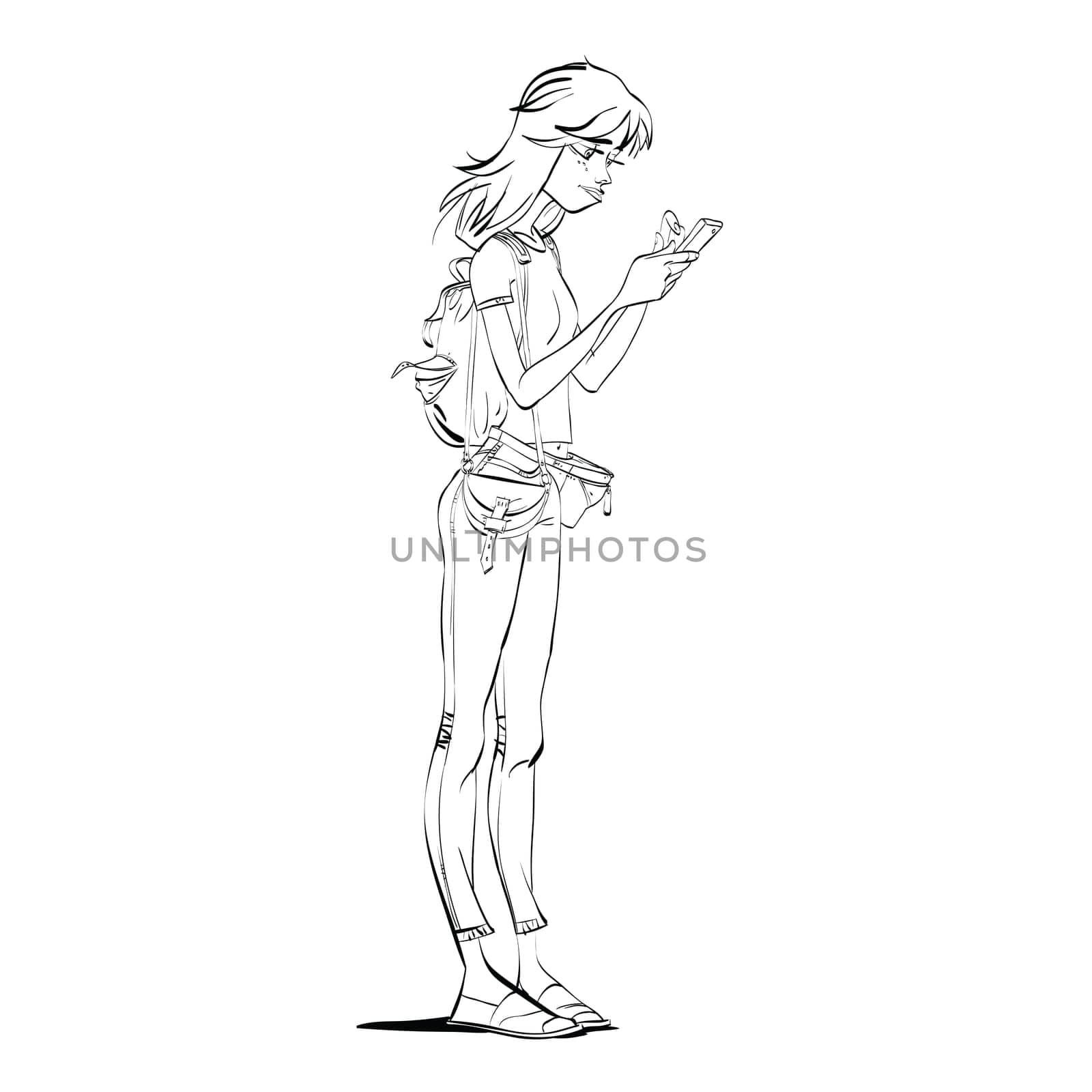 Young woman looking at smartphone. Navigation map or the game. Girl search virtual locations