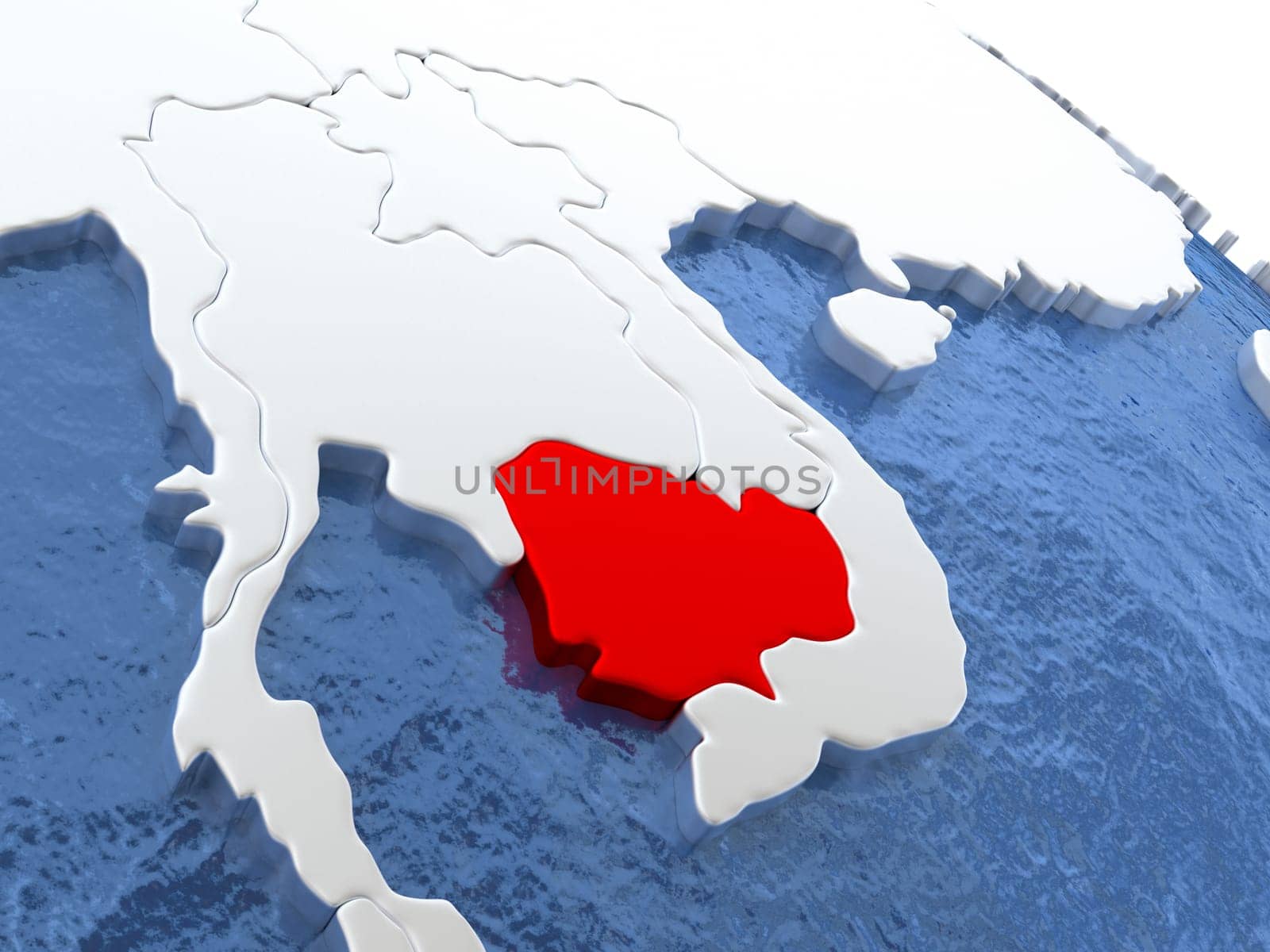 Map of Cambodia on globe with metallic land and realistic water. 3D illustration