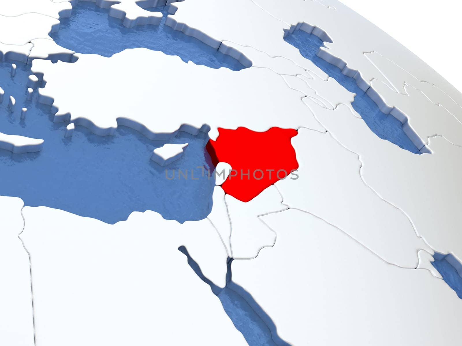 Map of Syria on globe with metallic land and realistic water. 3D illustration