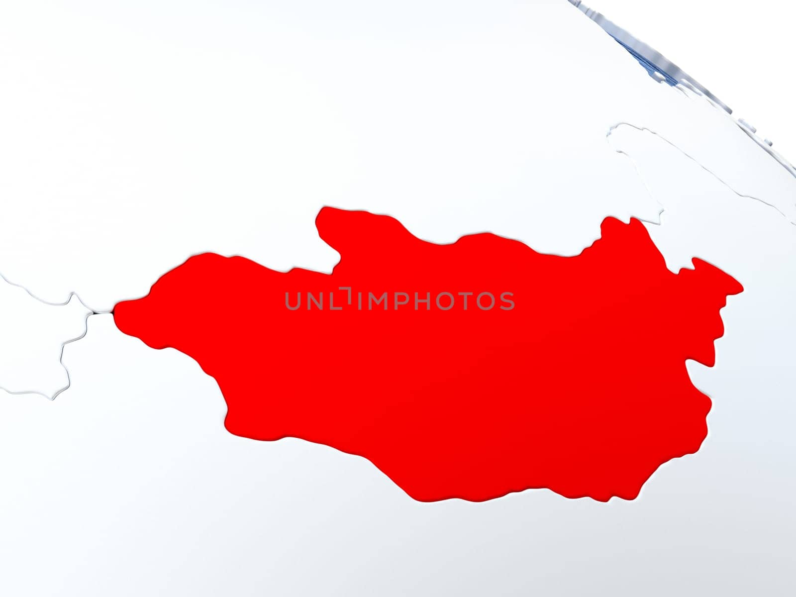 Map of Mongolia on globe with metallic land and realistic water. 3D illustration