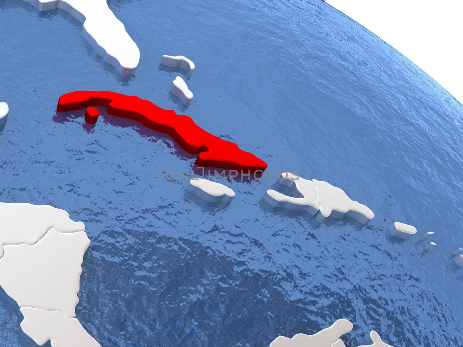 Map of Cuba on globe with metallic land and realistic water. 3D illustration