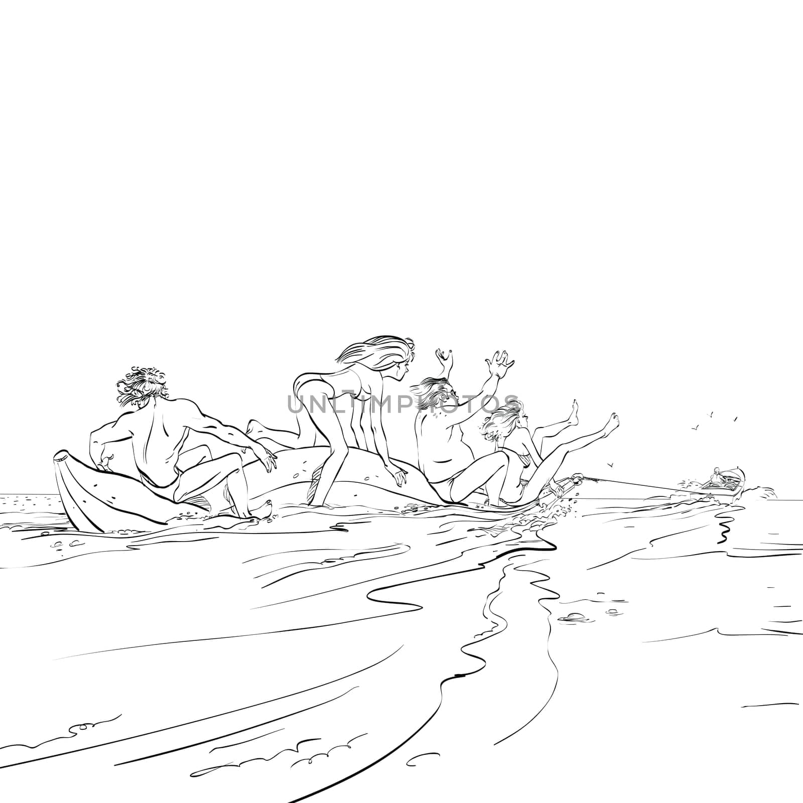 happy people having fun on banana boat, hand drawing illustration comic. The rest of the sea. Water attraction