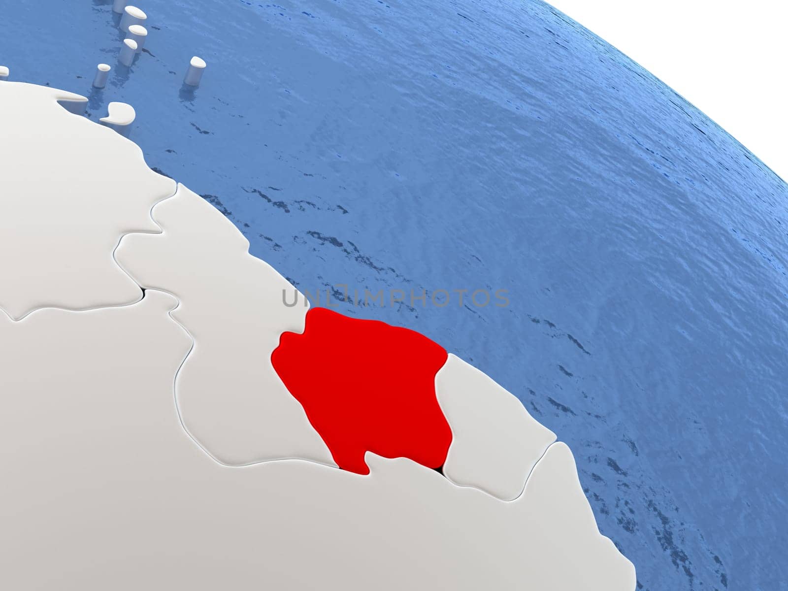 Map of Suriname on globe with metallic land and realistic water. 3D illustration