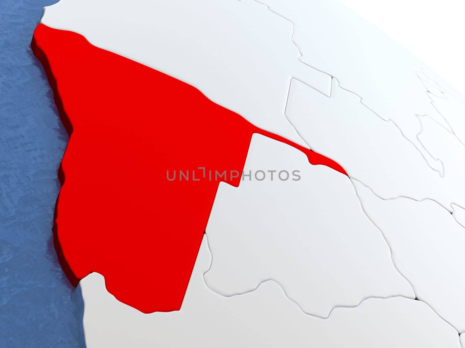 Map of Namibia on globe with metallic land and realistic water. 3D illustration