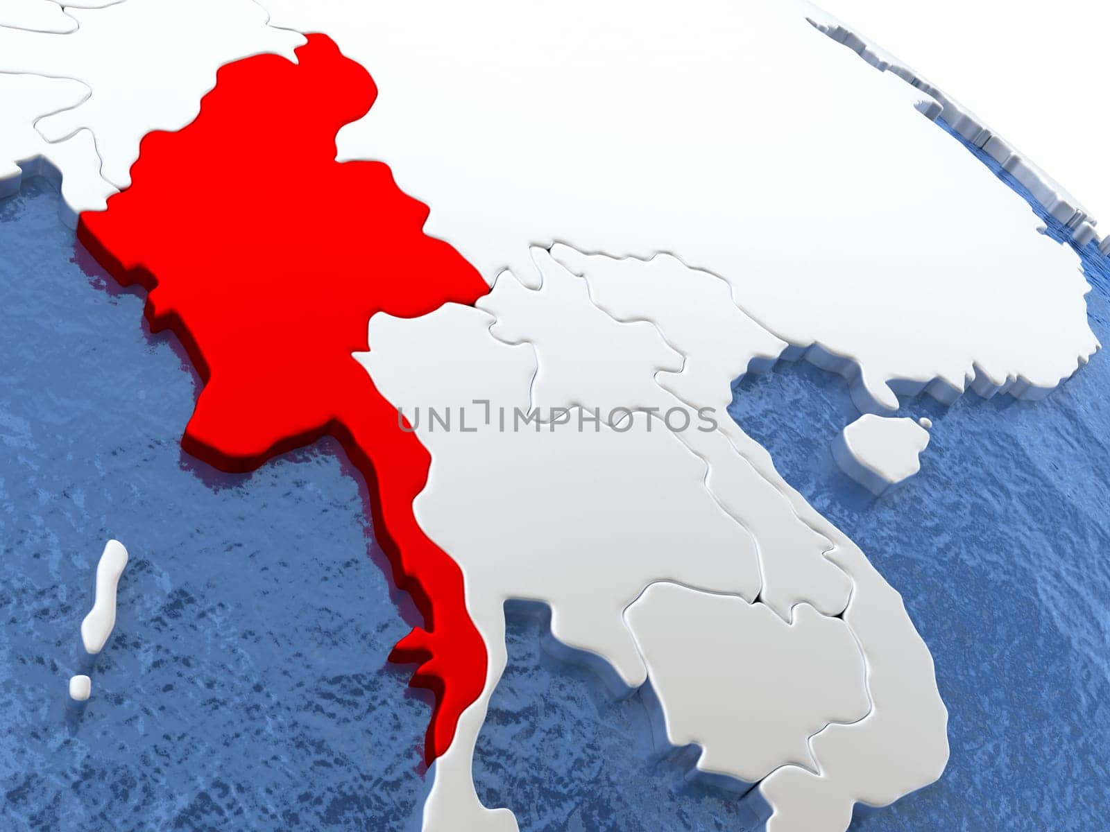 Map of Myanmar on globe with metallic land and realistic water. 3D illustration