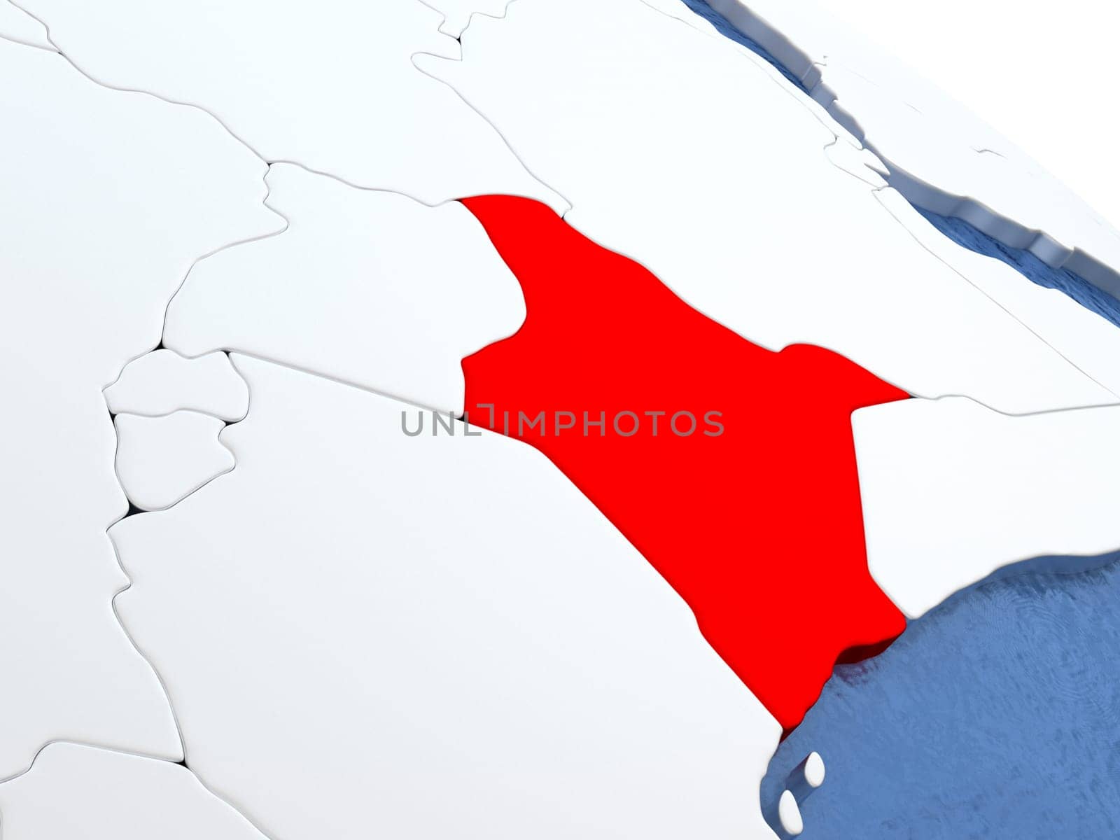 Map of Kenya on globe with metallic land and realistic water. 3D illustration