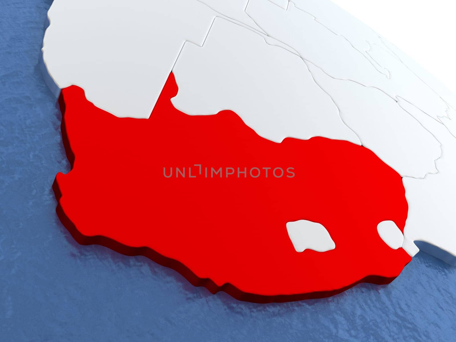 Map of South Africa on globe with metallic land and realistic water. 3D illustration