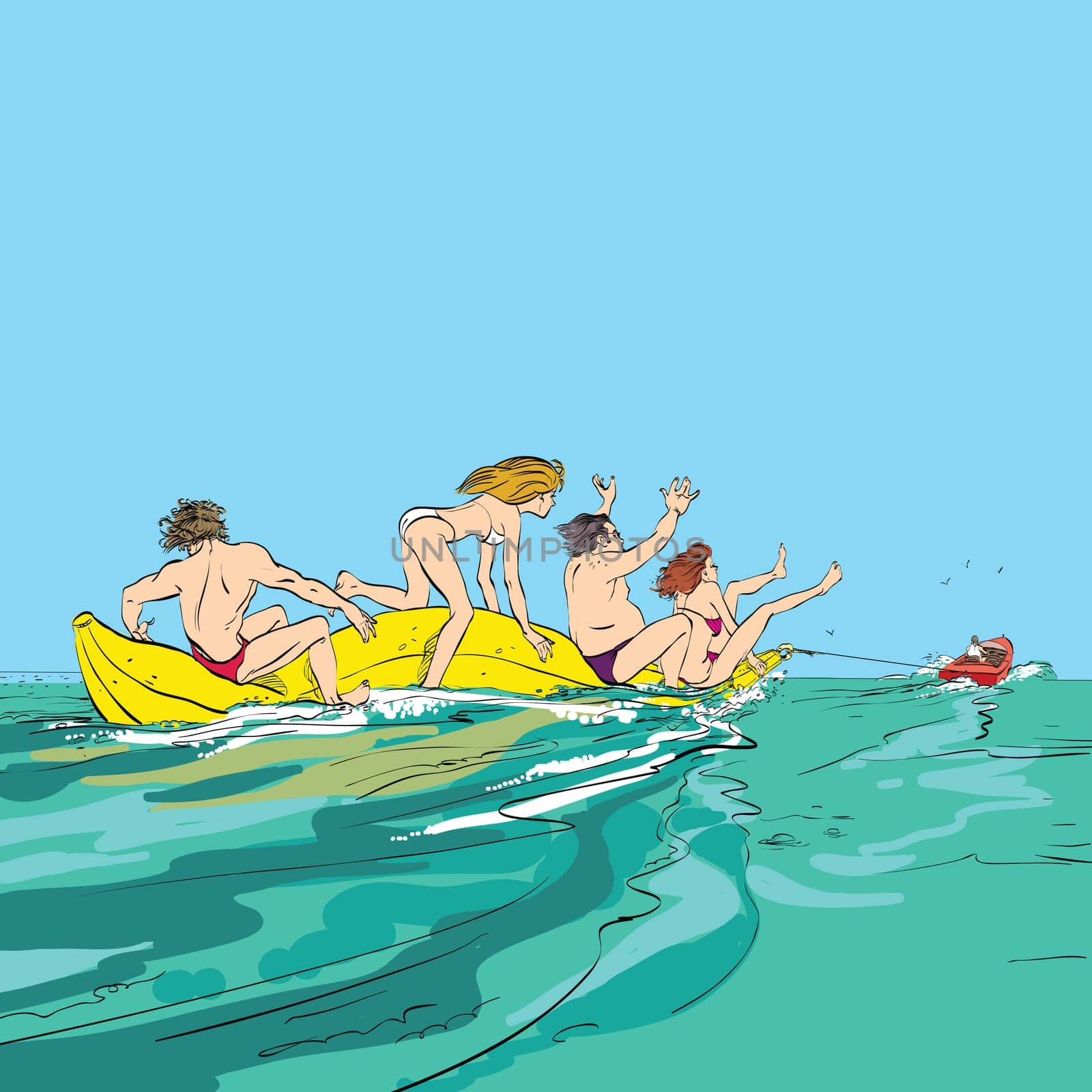 happy people having fun on banana boat, hand drawing illustration comic. The rest of the sea. Water attraction
