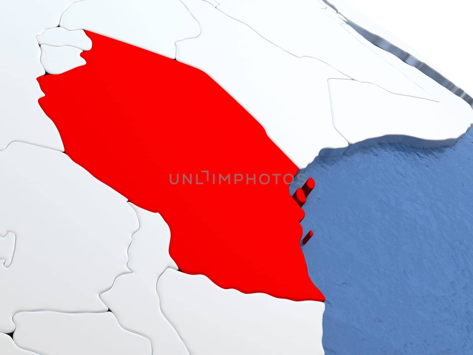 Map of Tanzania on globe with metallic land and realistic water. 3D illustration