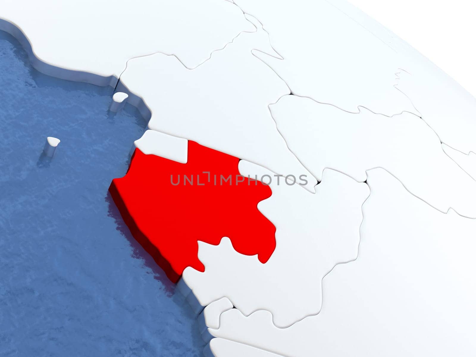 Map of Gabon on globe with metallic land and realistic water. 3D illustration