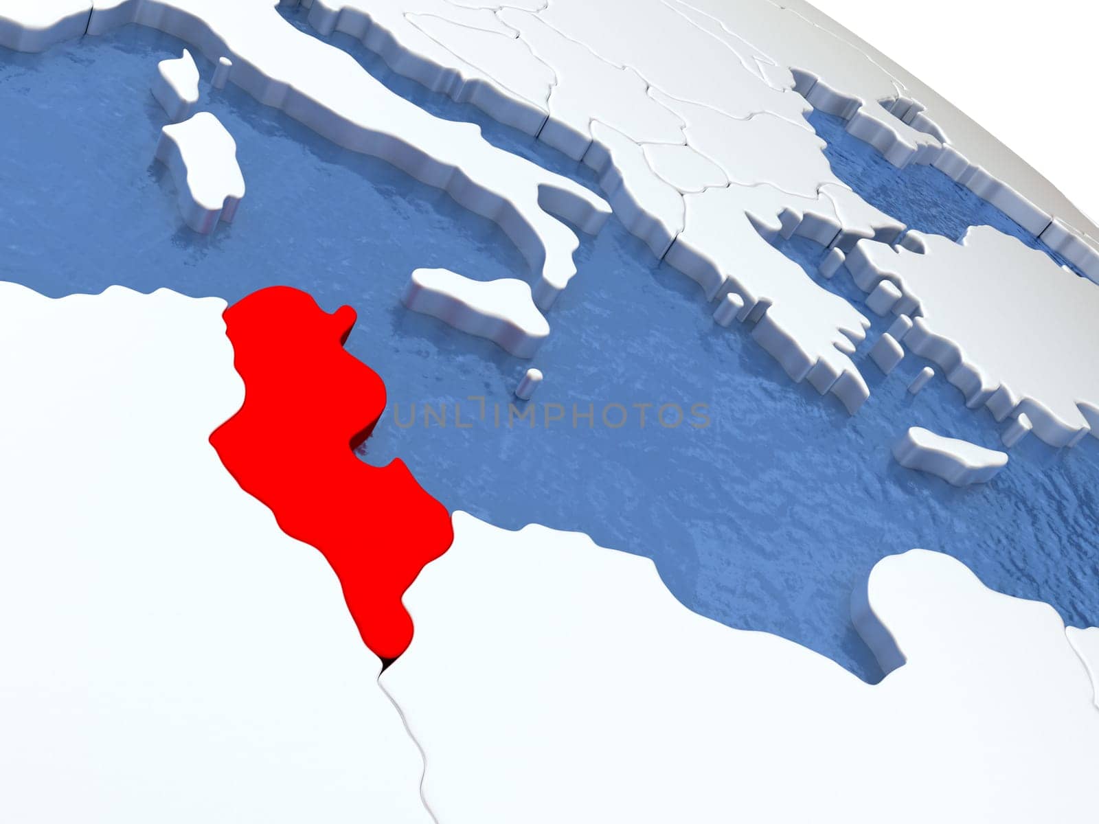 Map of Tunisia on globe with metallic land and realistic water. 3D illustration