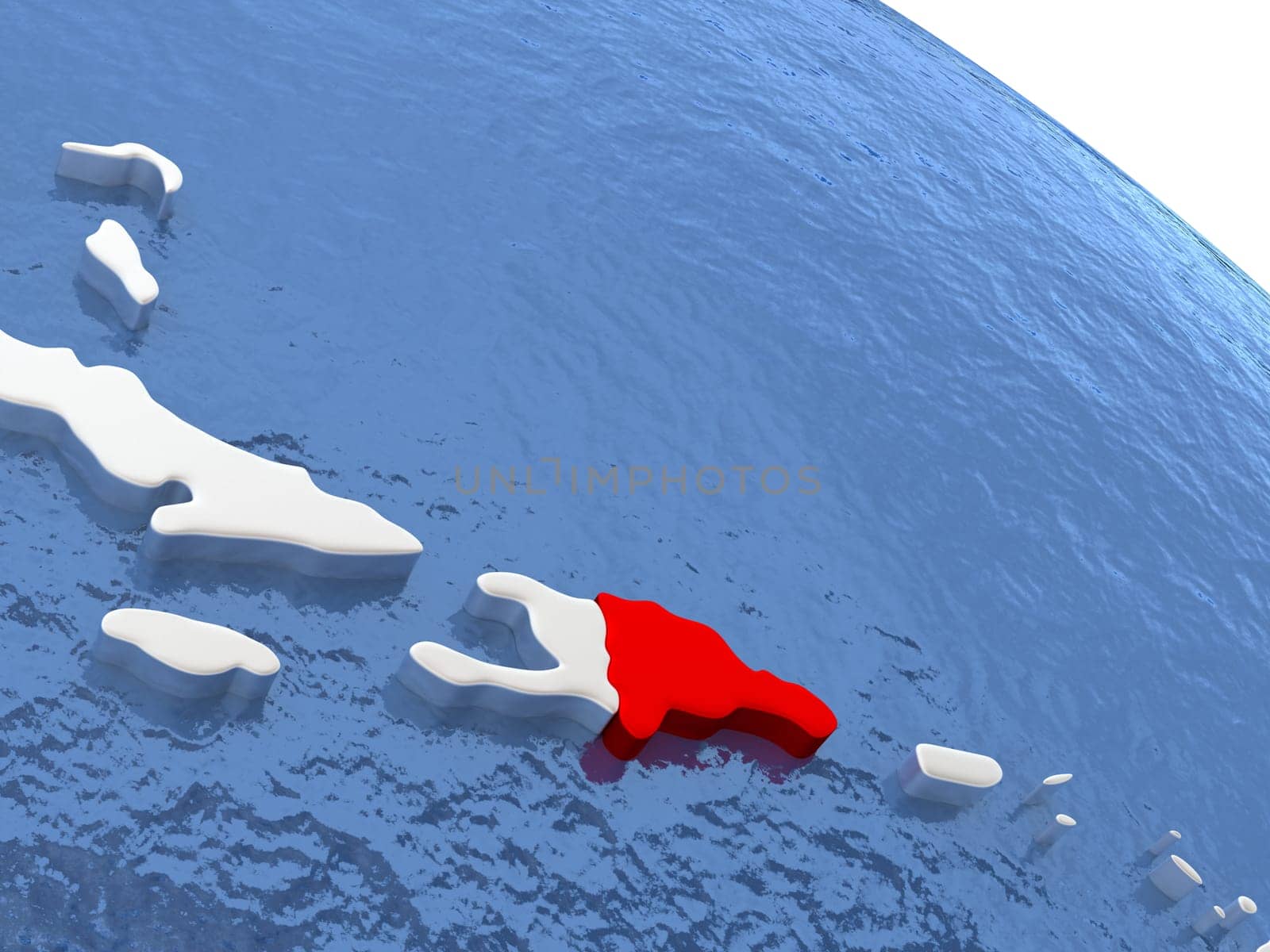 Map of Dominican Republic on globe with metallic land and realistic water. 3D illustration