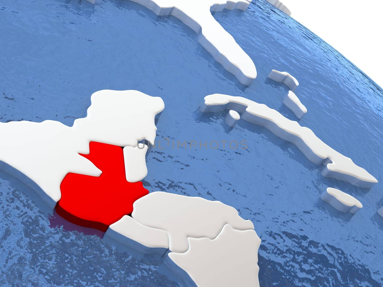 Map of Guatemala on globe with metallic land and realistic water. 3D illustration