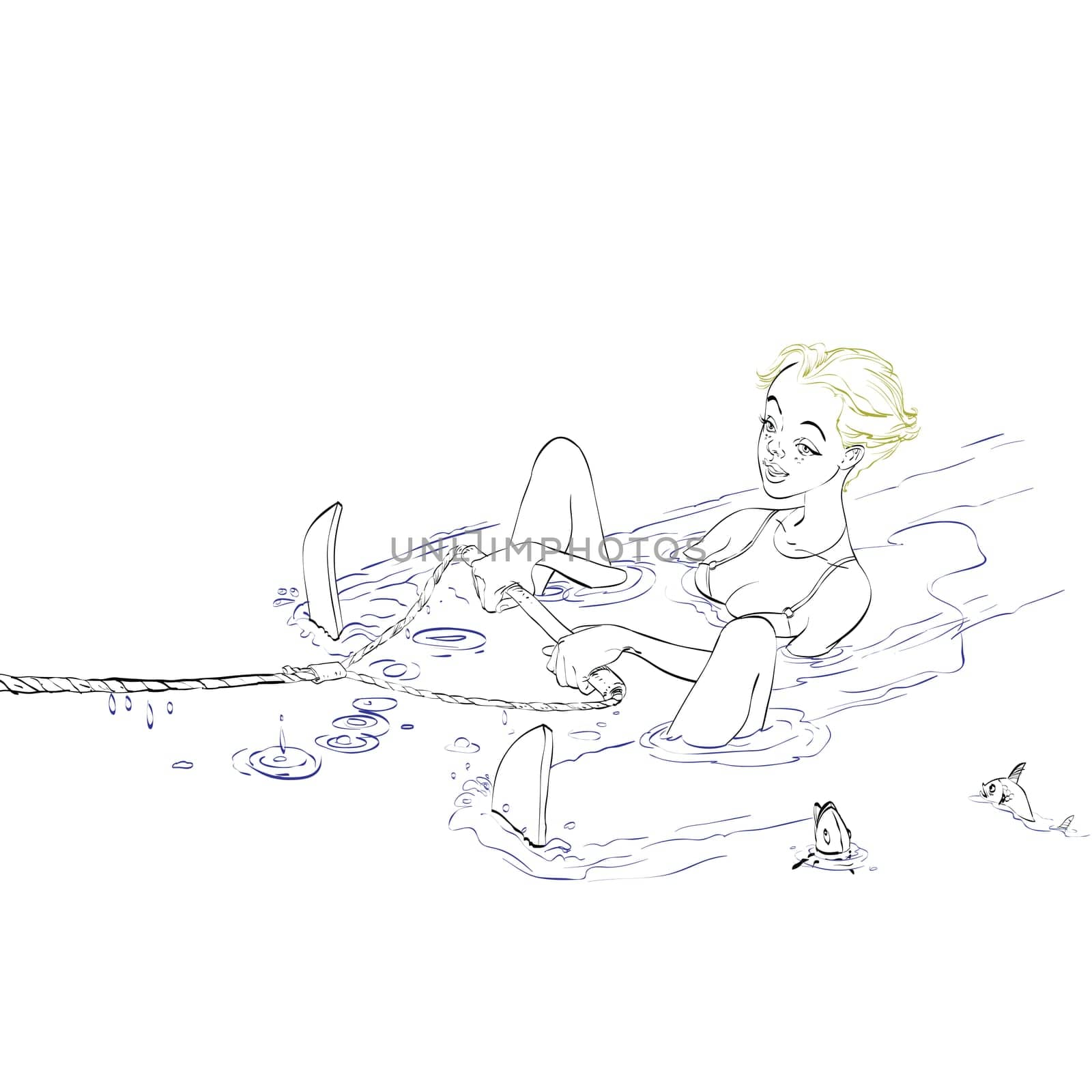 Young woman water skiing, hand drawn illustration. The girl is preparing to start