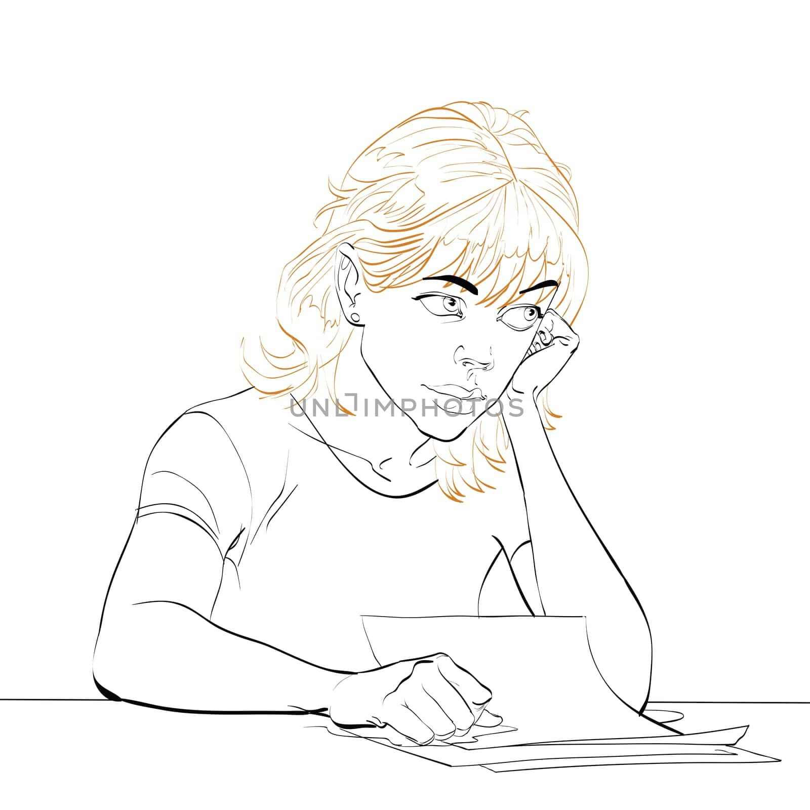young woman writes a letter, line art vector illustration. Writer, poet, literature