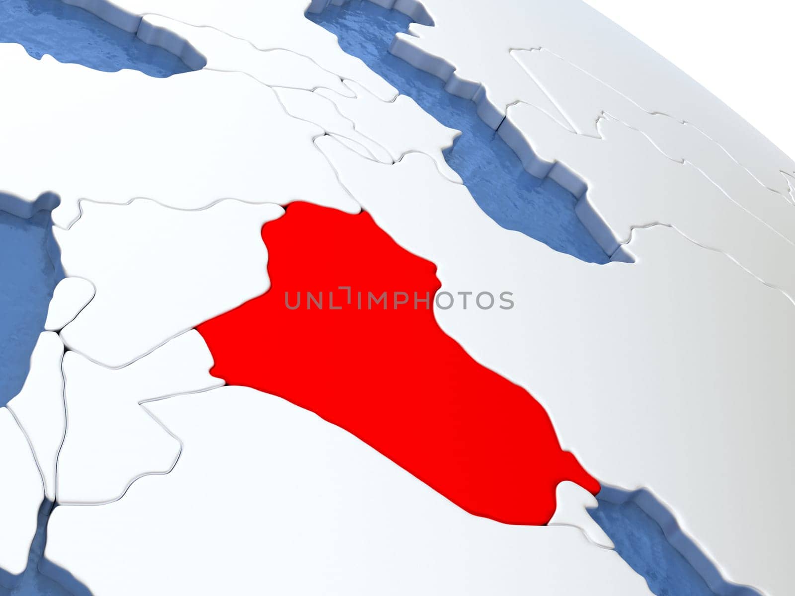 Map of Iraq on globe with metallic land and realistic water. 3D illustration