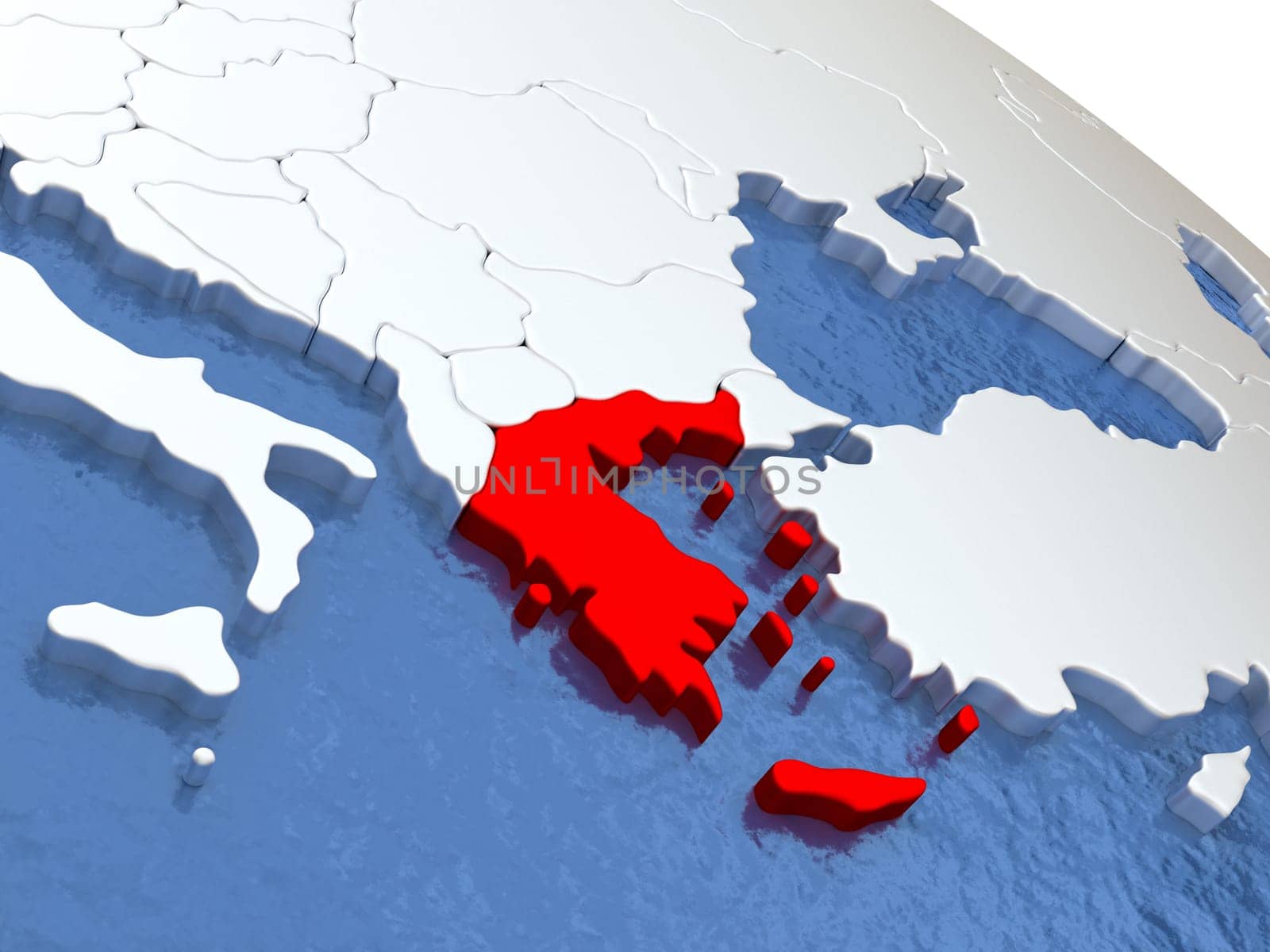 Map of Greece on globe with metallic land and realistic water. 3D illustration