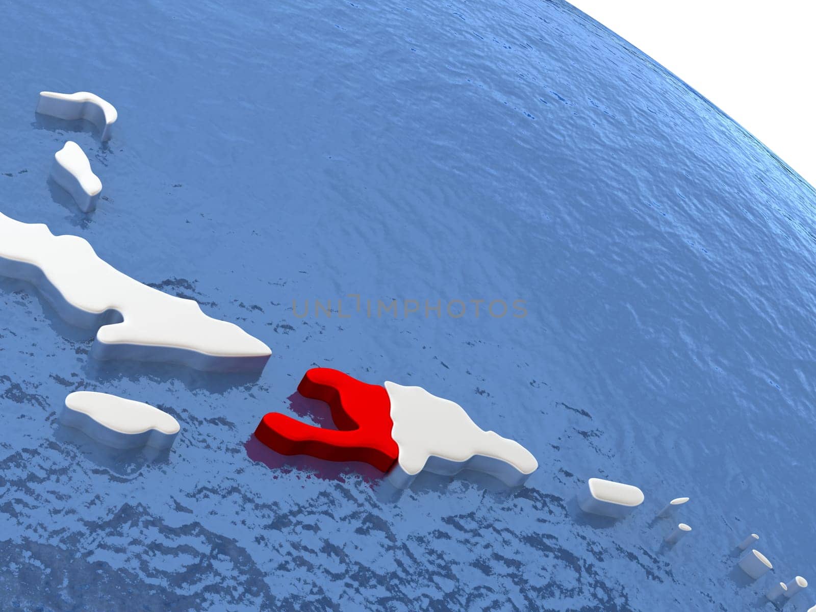 Map of Haiti on globe with metallic land and realistic water. 3D illustration