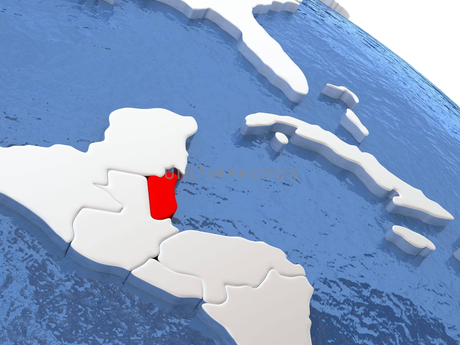Map of Belize on globe with metallic land and realistic water. 3D illustration