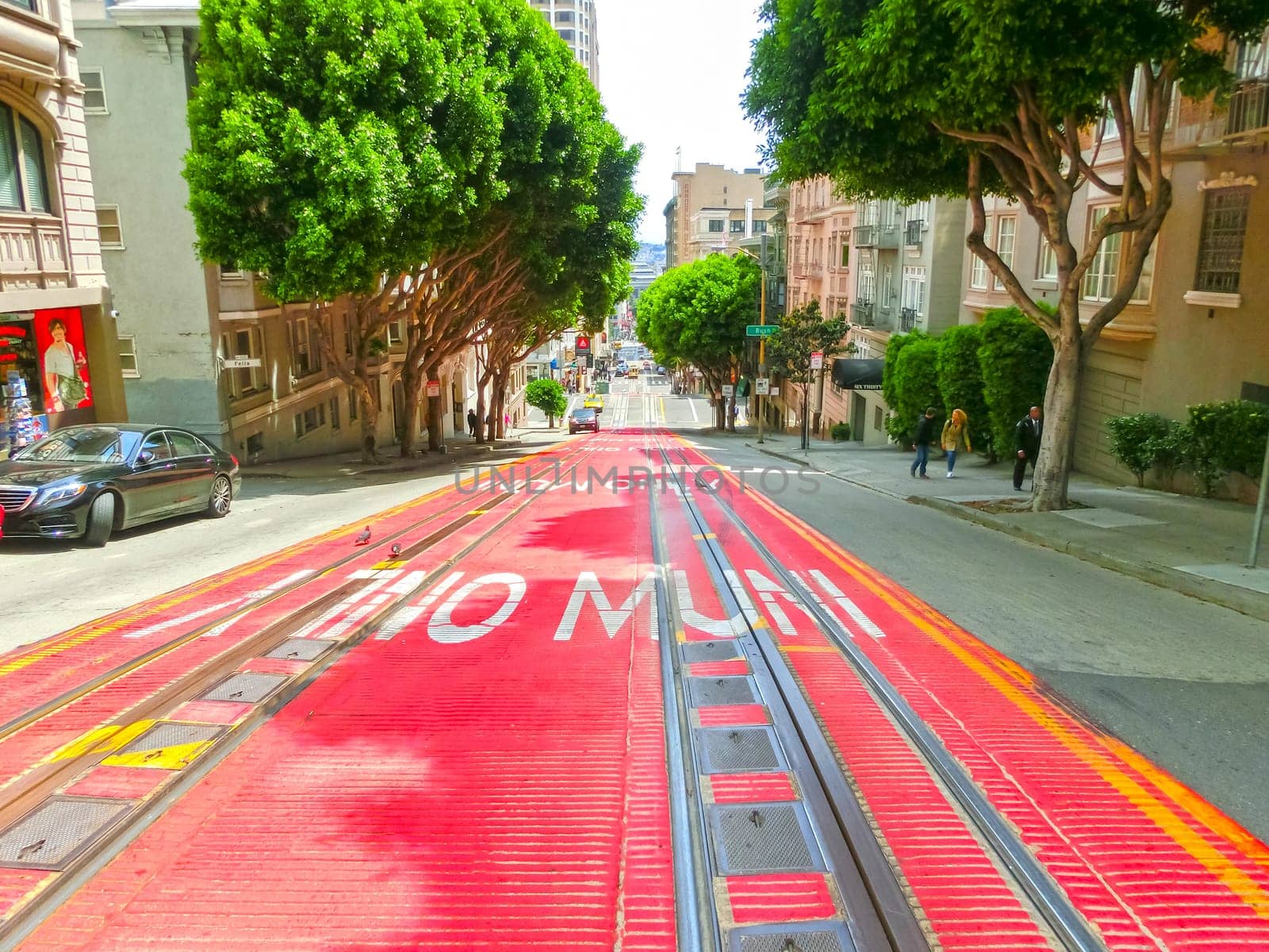 San Francisco, California, United States of America - May 04, 2016: typical San Francisco street with cable car tracks, California