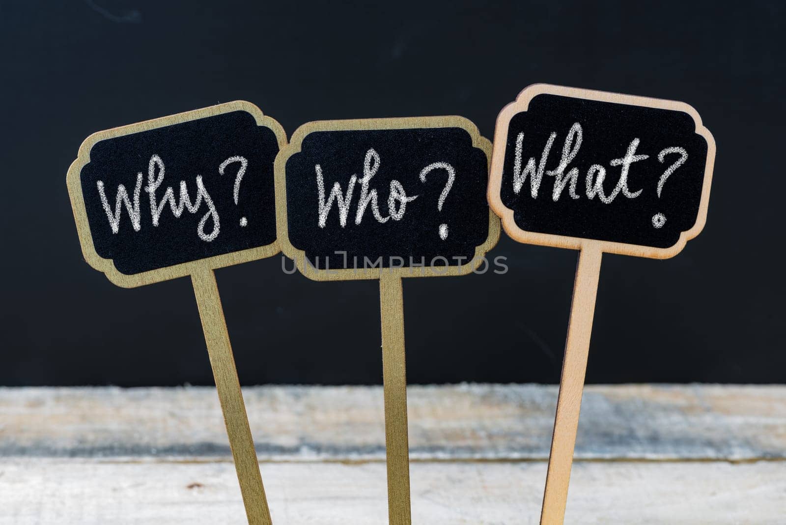 Business message Why ? Who ? What ? written with chalk on wooden mini blackboard labels, defocused chalkboard and wood table in background