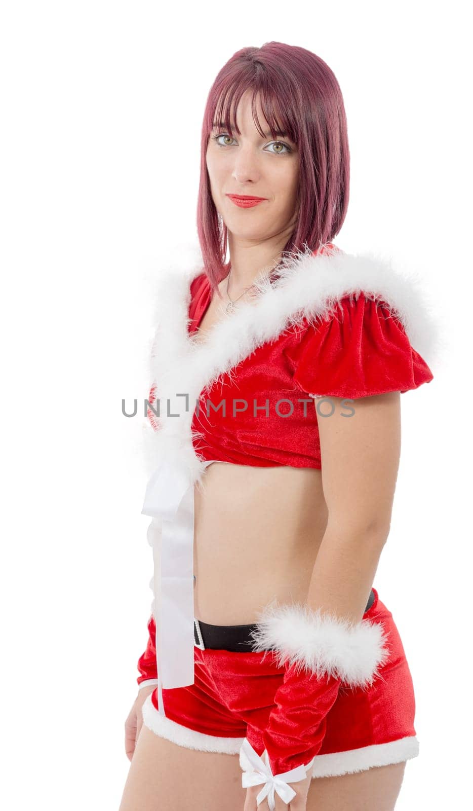 sexy attractive young female Santa Claus on white background