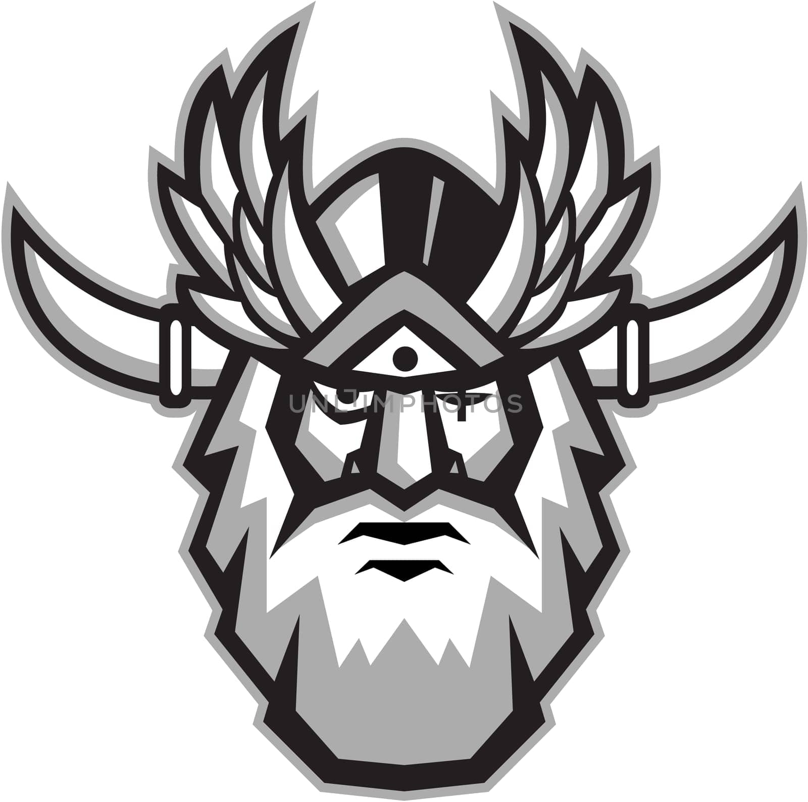 Illustration of a head of Norse mythology god, Odin with beard, hat and blind on one eye viewed from front set on isolated white background done in retro style.